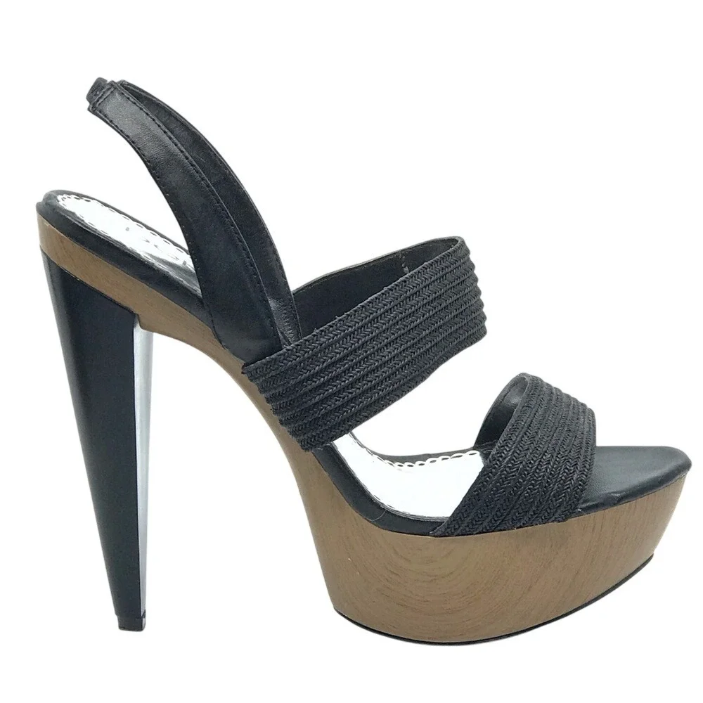 BEBE BLACK & TAN WOODEN PLATFORM‎ SANDAL HIGH HEEL
